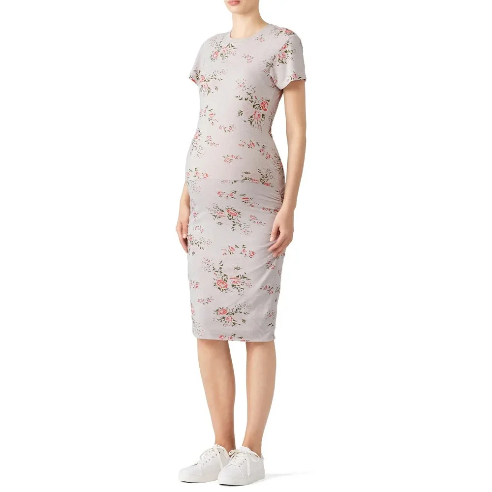 Monrow S Grey Floral Maternity Sheath Short Sleeve Midi Tube Bodycon Cotton $165 - Picture 2 of 7